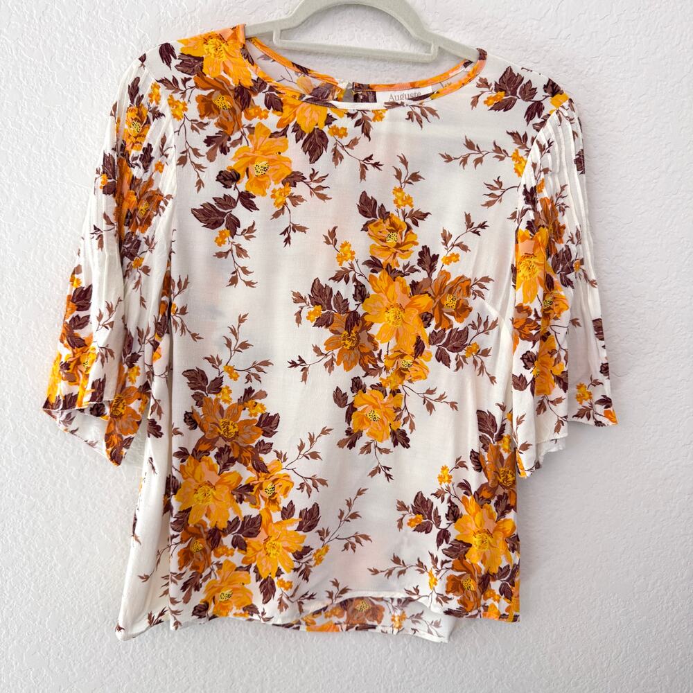 Auguste Womens Blouse Top Size S Floral Flowy Autumn Fall Pleats Cream